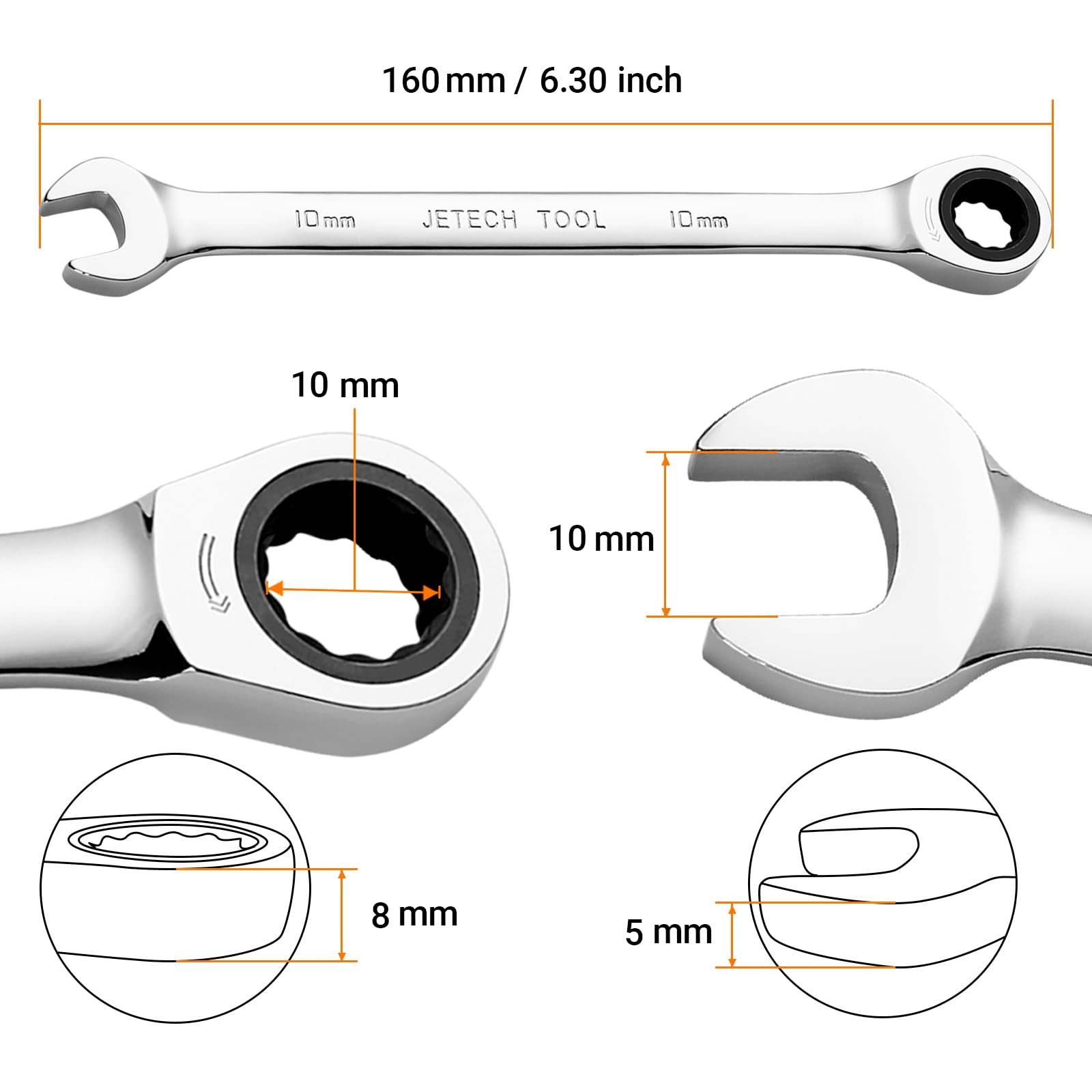 Clé à Cliquet Flexible 10mm JeTech - Tête Pivotante 180° - Acier Cr-V - 72 Dents