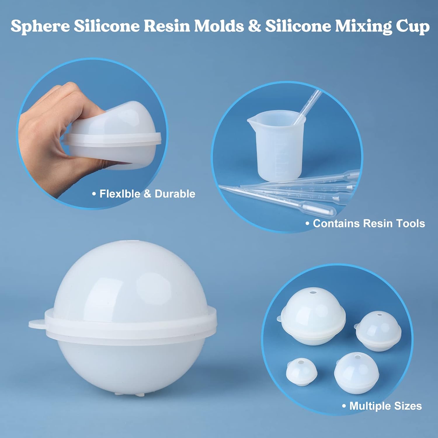 LET'S RESIN Sphere Silicone Resin Molds, Round Silicone Molds, Epoxy Resin Ball Molds for Resin Jewelry, Soap Candle DIY,Christmas Decoration,with Nonstick Silicone Mixing Cup