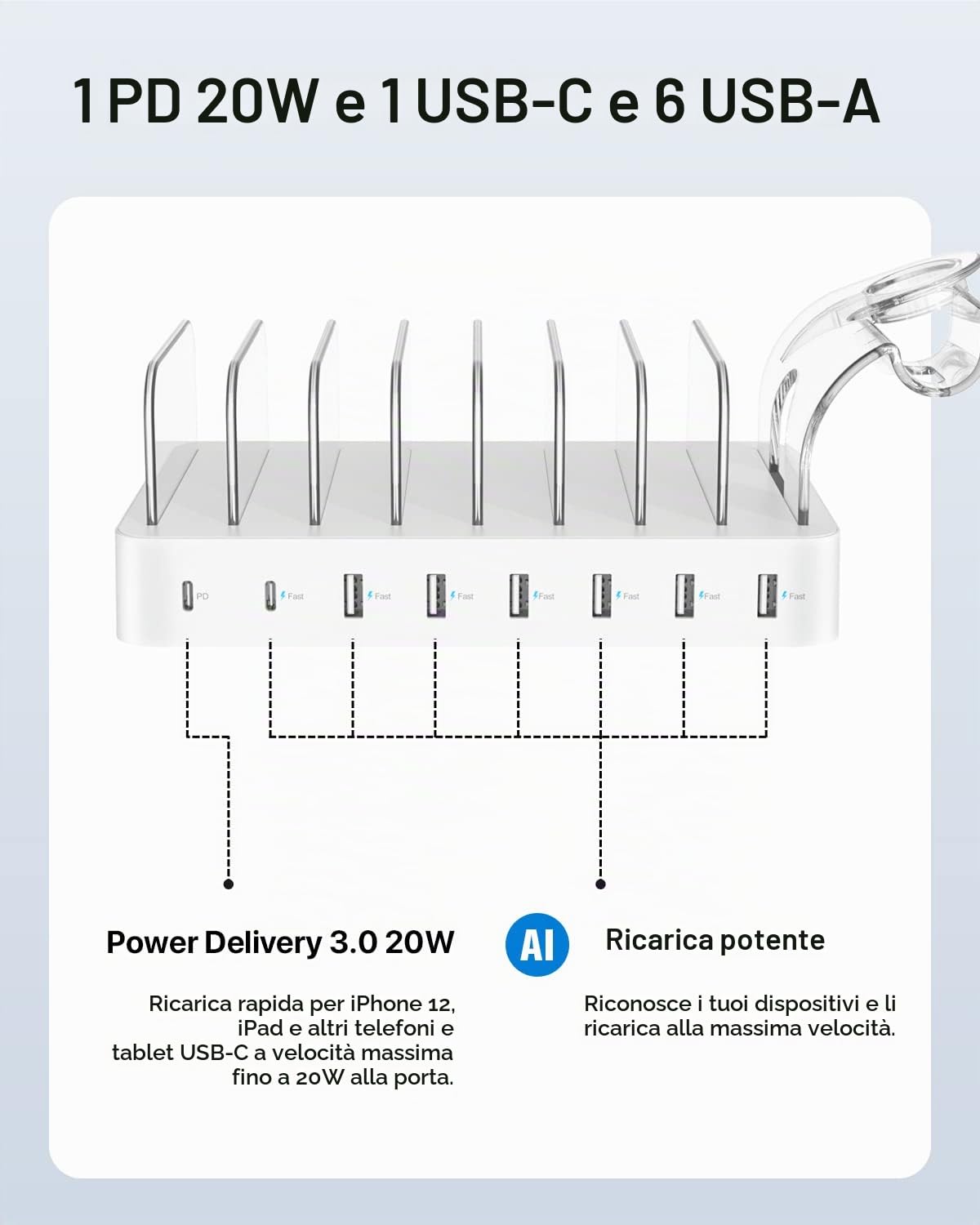 SooPii Stazione di ricarica USB C a 8 porte per più dispositivi,con 1 porta PD da 20W che supporta la ricarica rapida,1 supporto aggiornato per caricatore lWatch e Air-Pods,bianco