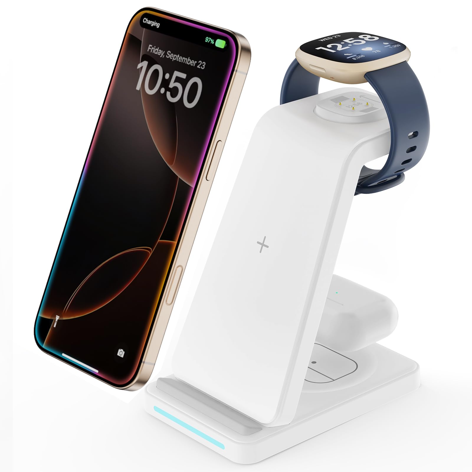 Chargeur sans fil pour station de charge Fitbit – Support de chargeur de téléphone GEEKERA 3 en 1 pour Fitbit Watch Sense 2/Sense/Versa 4/3, iPhone, Samsung, téléphones Google Pixel, Android, Airpods