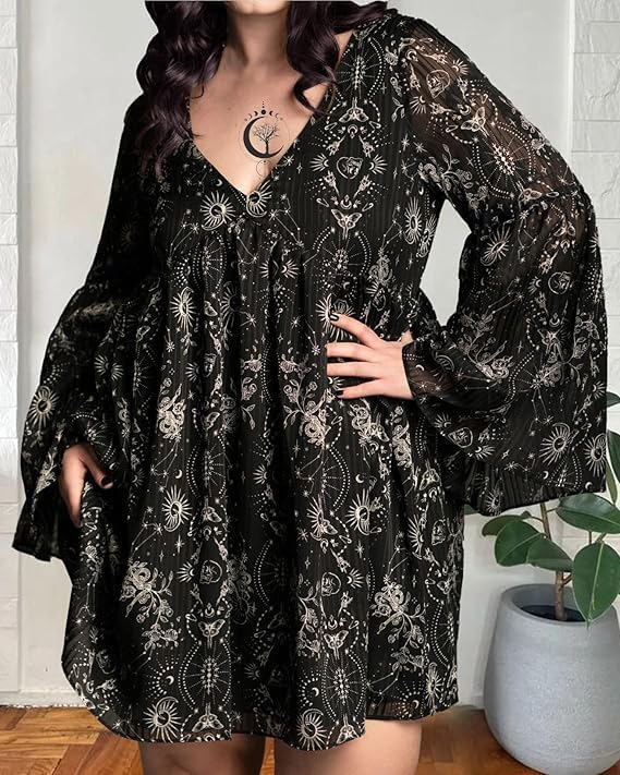 Women‘s Plus Size Black Celestial Moon Gothic V-Neck Long Puff Sleeves Mini Dress