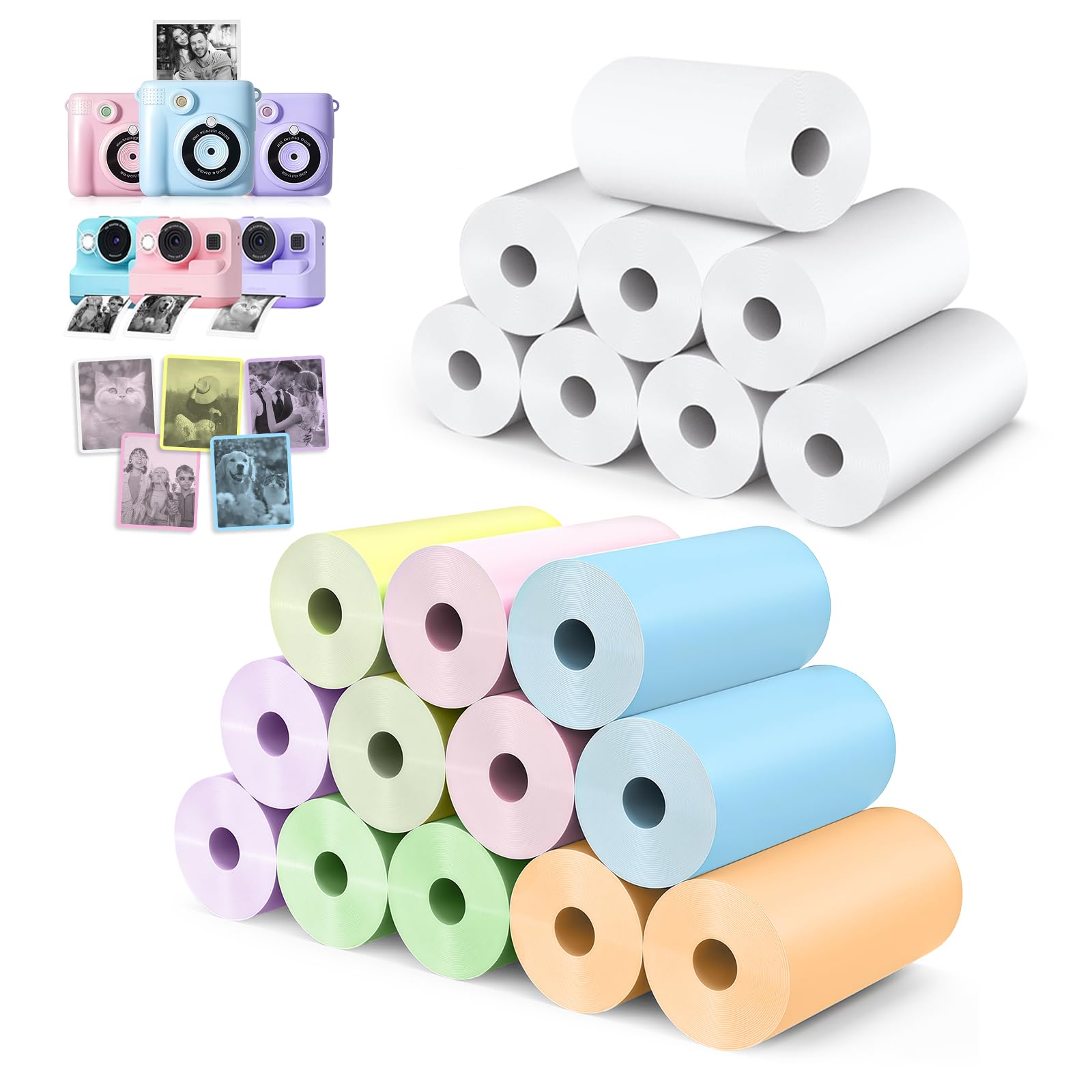 Flintronic 20 rolek kolorowego papieru termicznego dla dzieci, aparat do natychmiastowego druku, wkład papieru fotograficznego 57 x 25 mm, druk bez atramentu, bez BPA, kompatybilny z większością mini