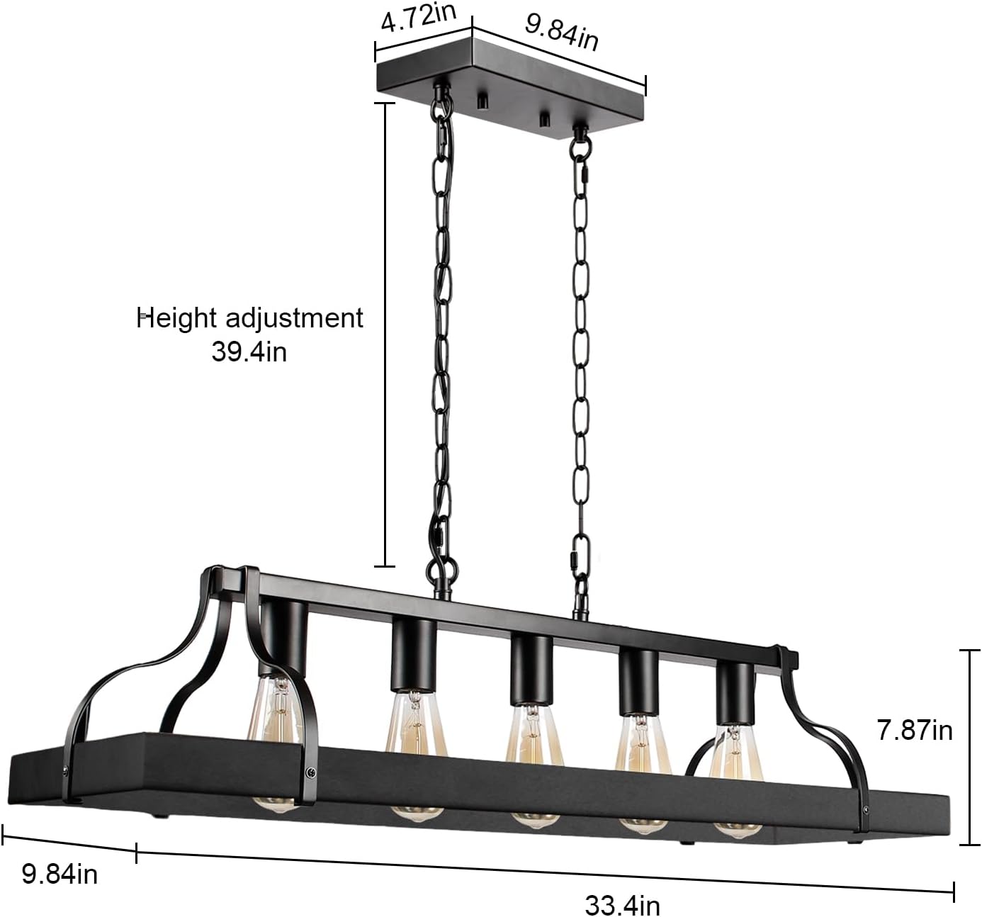 Rustic Farmhouse Chandelier, 33.4" Rectangle Black 5-Light Farmhouse Dining Room Light Fixture Over Table, Industrial Kitchen Island Hanging Pendant Ceiling Lighting Fixture