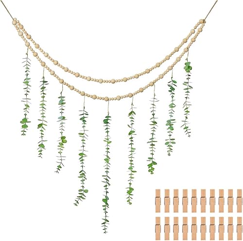 Miniatura 8 de Decoración de pared de eucalipto artificial, exhibición de fotos de eucalipto colgante con 20 clips, decoración de pared bohemia para baño,