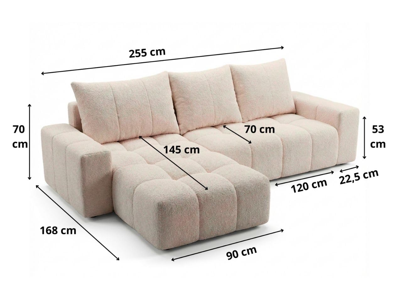 GRAINGOLD Bresso Ecksofa mit Schlaffunktion & Bettkasten 255x168 cm, L-Form Sofa mit Stauraum, Schlafcouch für Wohnzimmer, Bouclé-Stoff, 3-Sitzer Eckcouch, Modernes Design (Beige)