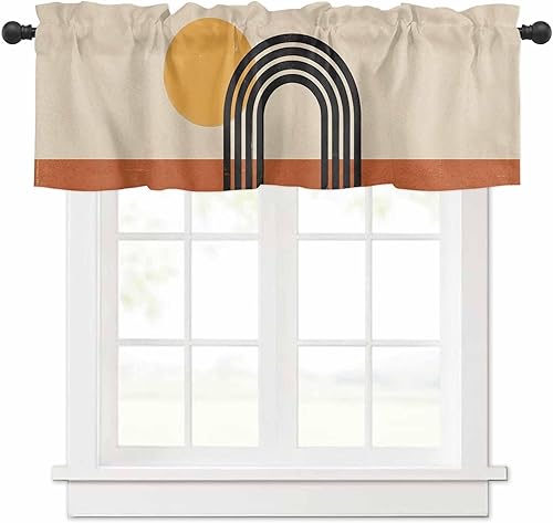 Miniatura 45 de Juego de cortinas semitransparentes con bolsillo para barra, cenefa y niveles de 36 pulgadas de largo, cortinas de arte abstracto de sol y arco