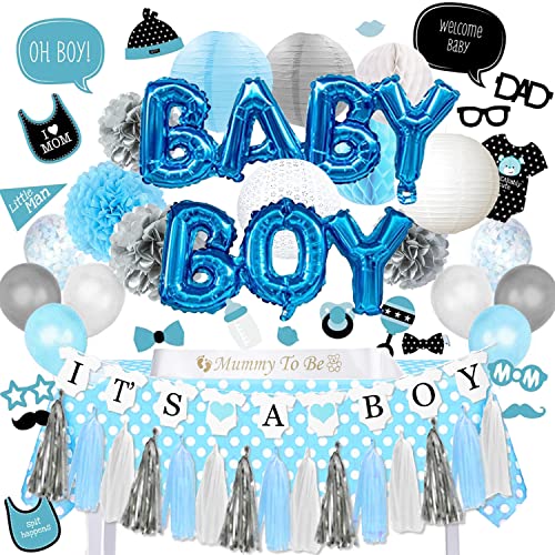 Babyparty-Set für Jungen, Luftballons, Banner, Papierdekorationen, Schärpe für werdende Mütter, Abzeichen von Daddy to be, Tischdecke und mehr Cover