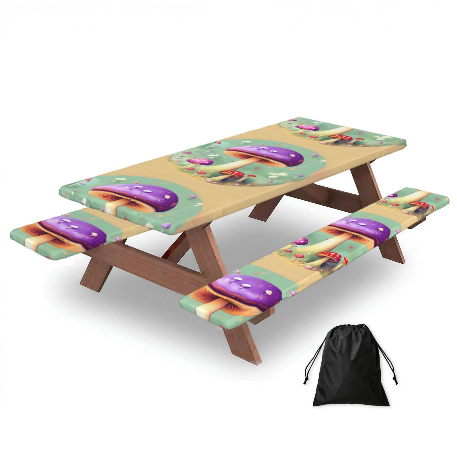Hhbiuuo Black 72In Camping Table Cover & Bench Covers 3-Pack Set, Purple Dream Mushroom Print Tablecloths, For Rectangle Tables Picnic