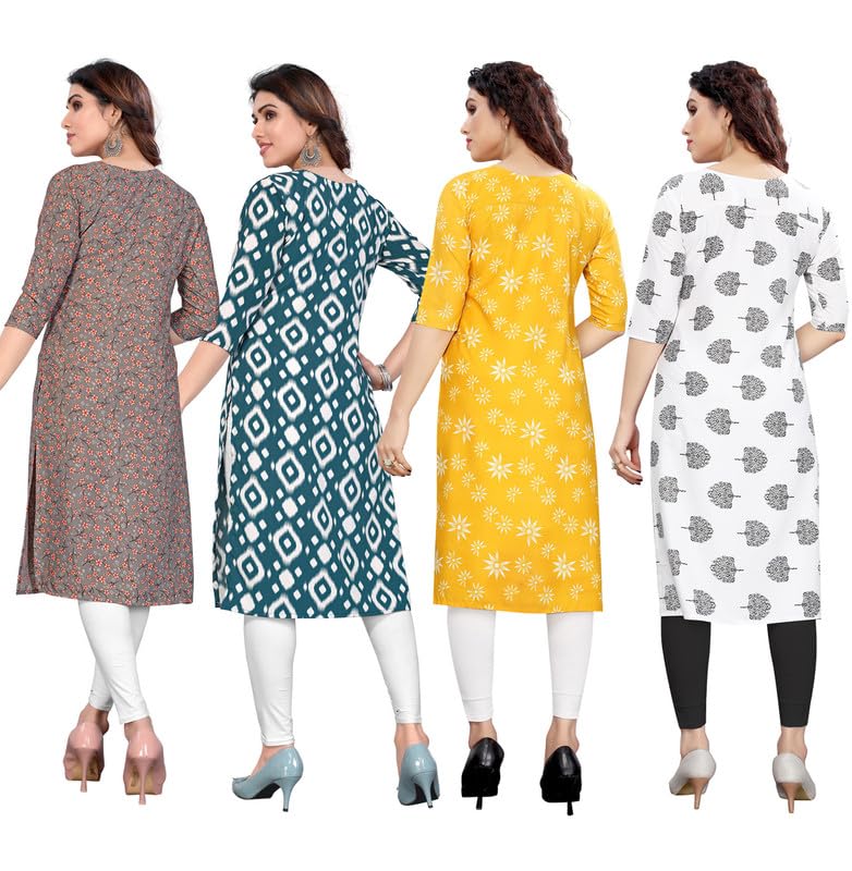 Image of JAKHANA Women's Crepe Printed Casual Straight Calf Length Round Nick Kurta Pack of 4