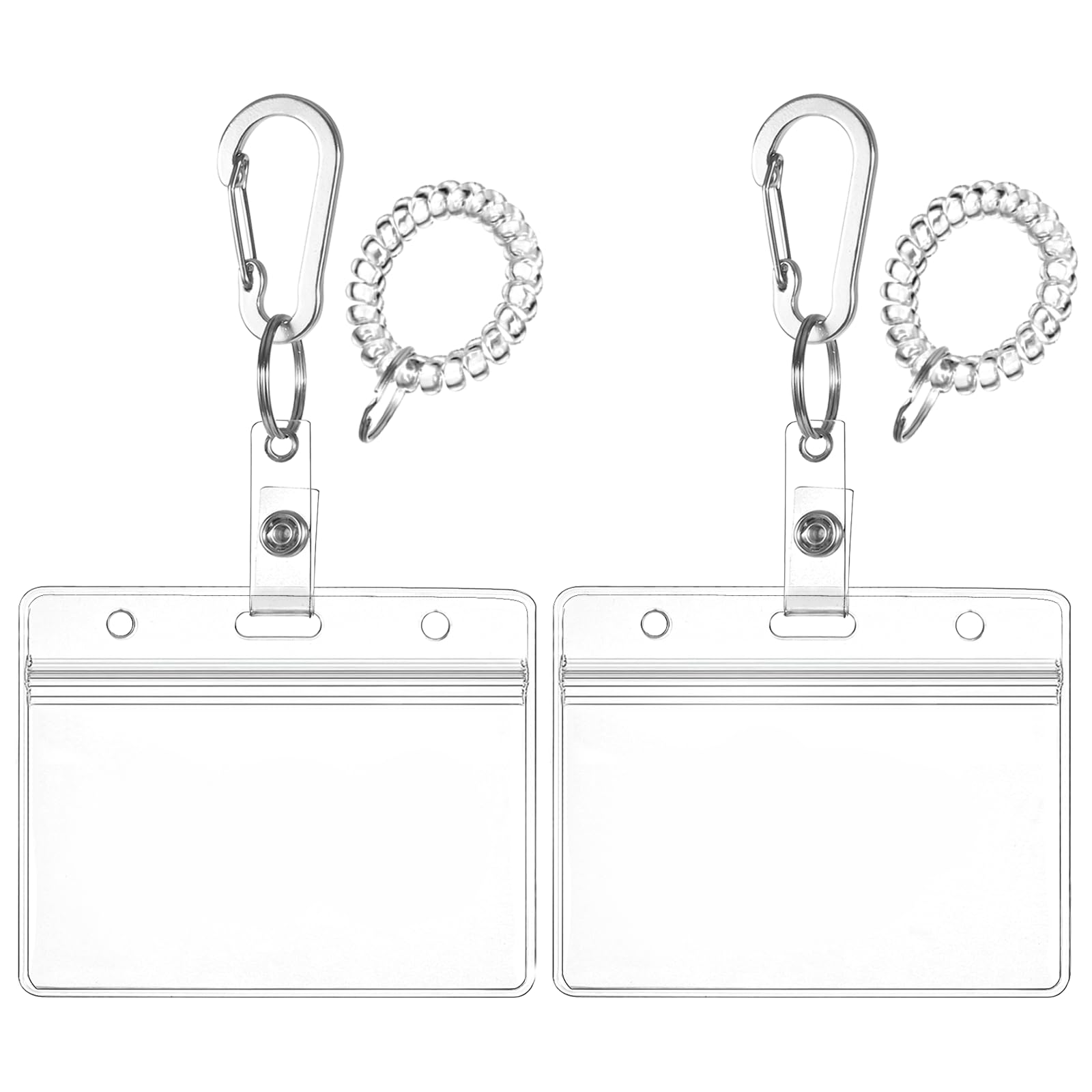 Wrist Coil ID Badge Holder with Multitool Aluminum Carabiner Clip,Stretchable Spiral Wristband Key Ring,for Lanyard Outdoor Camping Cruise (Clear