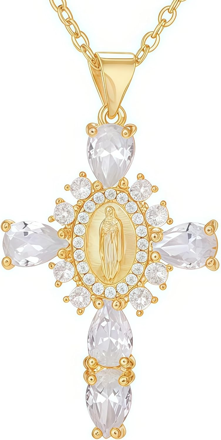 WETMT 18K Gold Plated Cross Necklace for Men Women Dainty Chunky Big Crystal Zircon Virgin Mary Pendant Necklace Faith Cross Necklaces Choker Jewelry Gift
