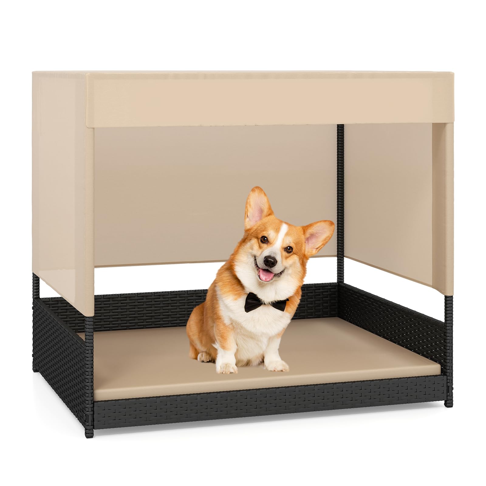 GYMAX Cuccia in vimini per cani di piccola e media taglia, divano letto rialzato in rattan con cuscino rimovibile, tetto a baldacchino e pavimento rialzato, riparo per cuccioli per interni ed esterni
