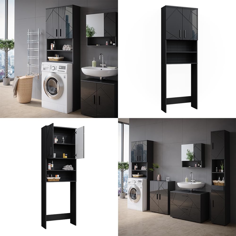 Vicco Armoire pour Machine à Laver Irma, Anthracite Haute Brillance, 64x190.5cm, Convient pour Le Rangement et comme surélévateur pour Machines à Laver