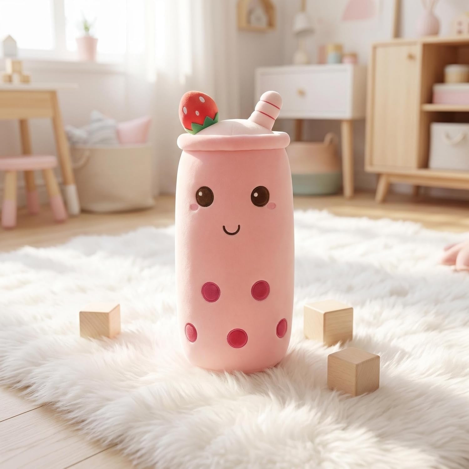 Plush Stuffed Bubble Tea Pillow，16-Inch Kawaii Plushies Long Body Pillow，Soft Stuffed Toy Gift for Kids Adults (Pink)