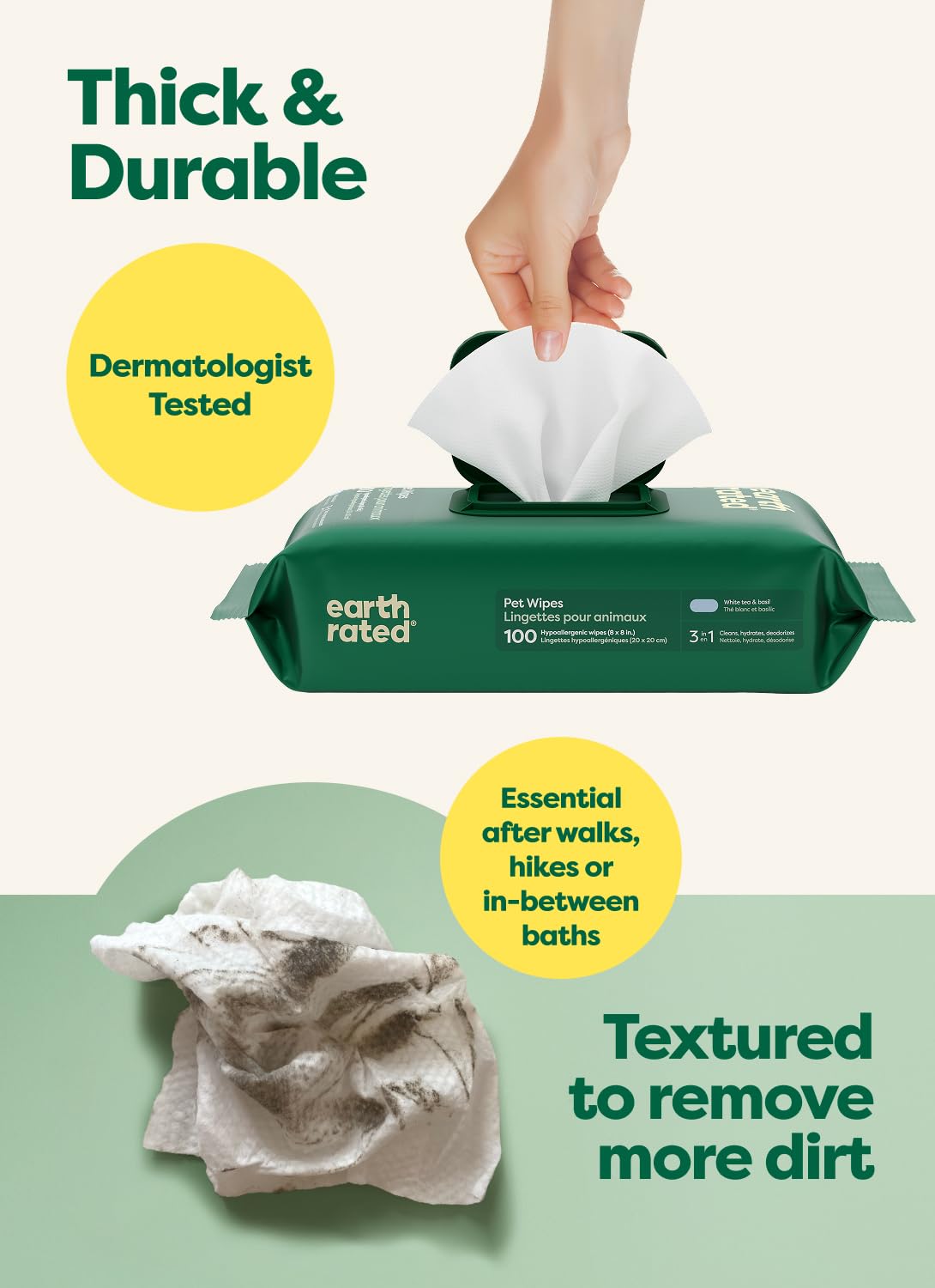 Earth Rated Toallitas para mascotas para perros y gatos, hipoalergénicas, limpieza 3 en 1, desodorizante e hidratante, para las patas de aseo, cuerpo y trasero, nuevo té blanco y albahaca escente, 400
