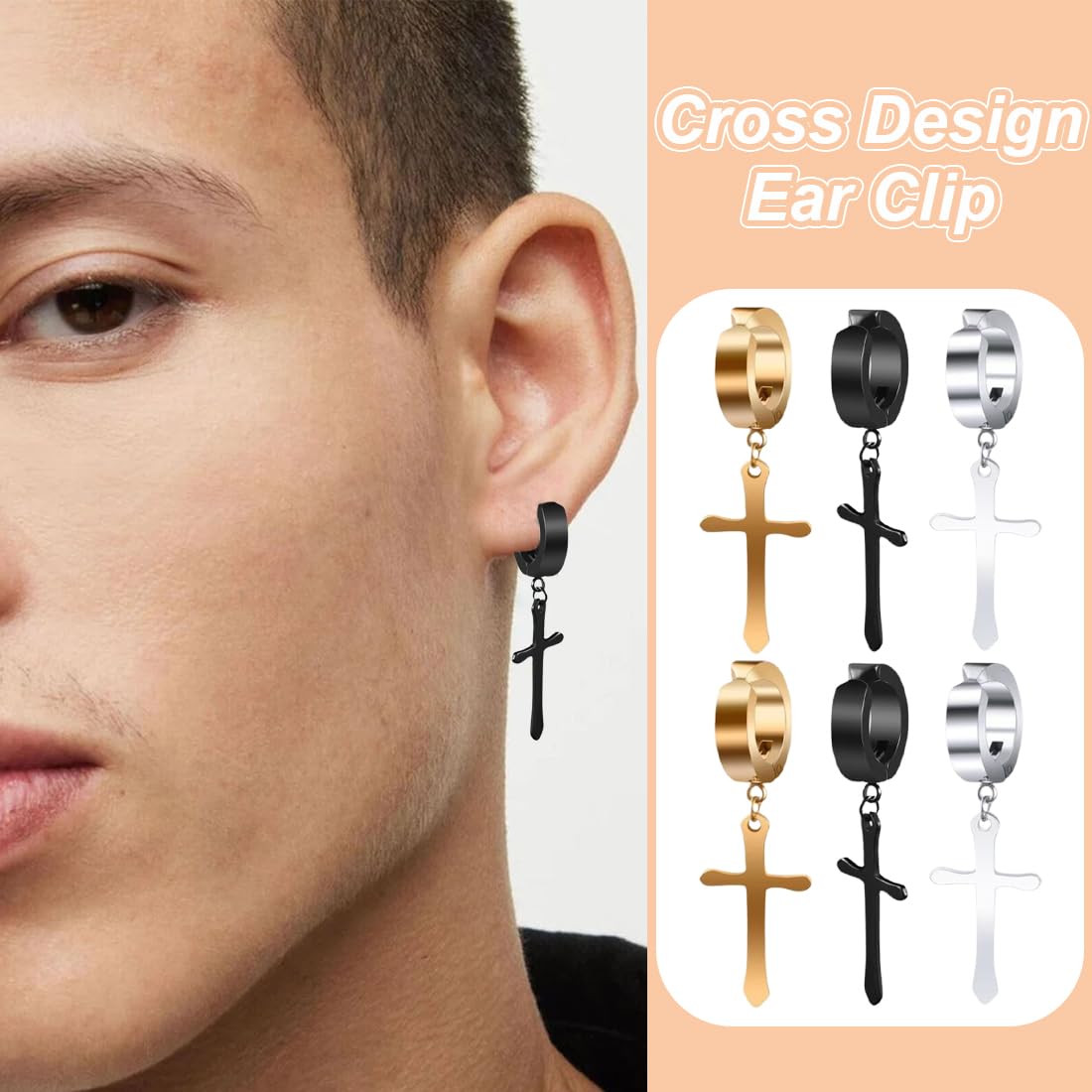 3 pares de pendientes de cruz, pendientes colgantes de cruz, acero inoxidable, pendientes de clip, juego de pendientes punk para hombre y mujer (negro, plateado, dorado)