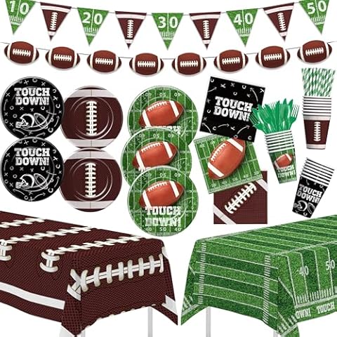 Srua Don Football Party Decorations Serves 24, Football Party Supplies, Paper Plate, Cup, Napkin, Tablecloth, Cutlery, Banner, Football Table Decorations For Birthday Baby Shower Cover