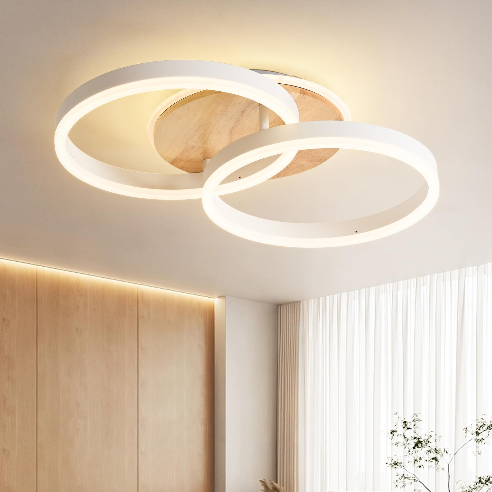 Amdelne LED Living Room Ceiling Light with 2 Rings φ50 cm, 36 W Modern Dimmable Ceiling Lamp with Remote Control, Metal+Acrylic, Round Design, for Living Room, Bedroom, Dining Room - White+Wood