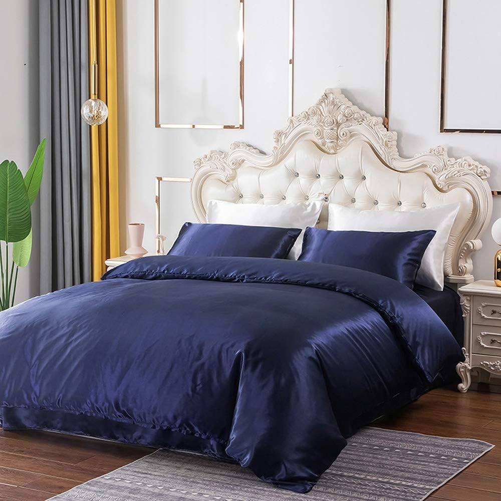 Navy Blue Duvet Set King/Cal King Size - 3 Piece Soft Silky Satin Duvet Cover with Zipper Closure & 2 Pillow Shams, Hotel Quality Wrinkle and Fade Resistant Duvet Cover Set