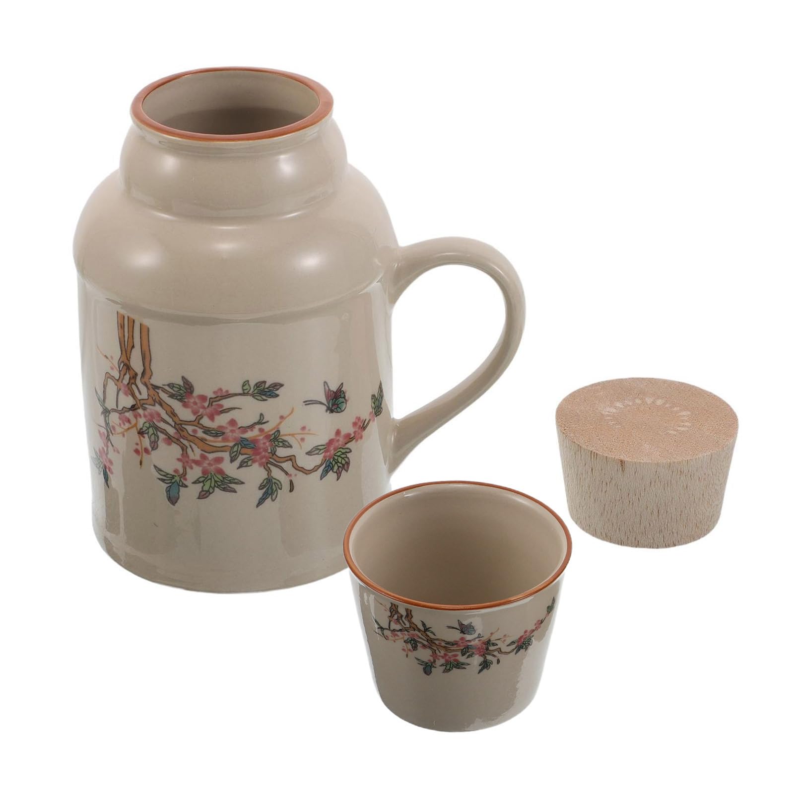Jarra de cerámica retro con flores, tapa y mango de madera para decorar mesita de noche