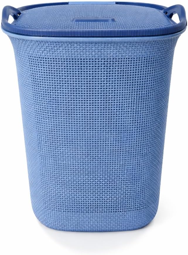 54L Plastic Laundry Basket with Lid | Large Clothes Hamper with Handles | Ventilated Design | Durable Laundry Bin for Bedroom, Bathroom & Laundry Room | Blue (54 x 46 x 36 cm)