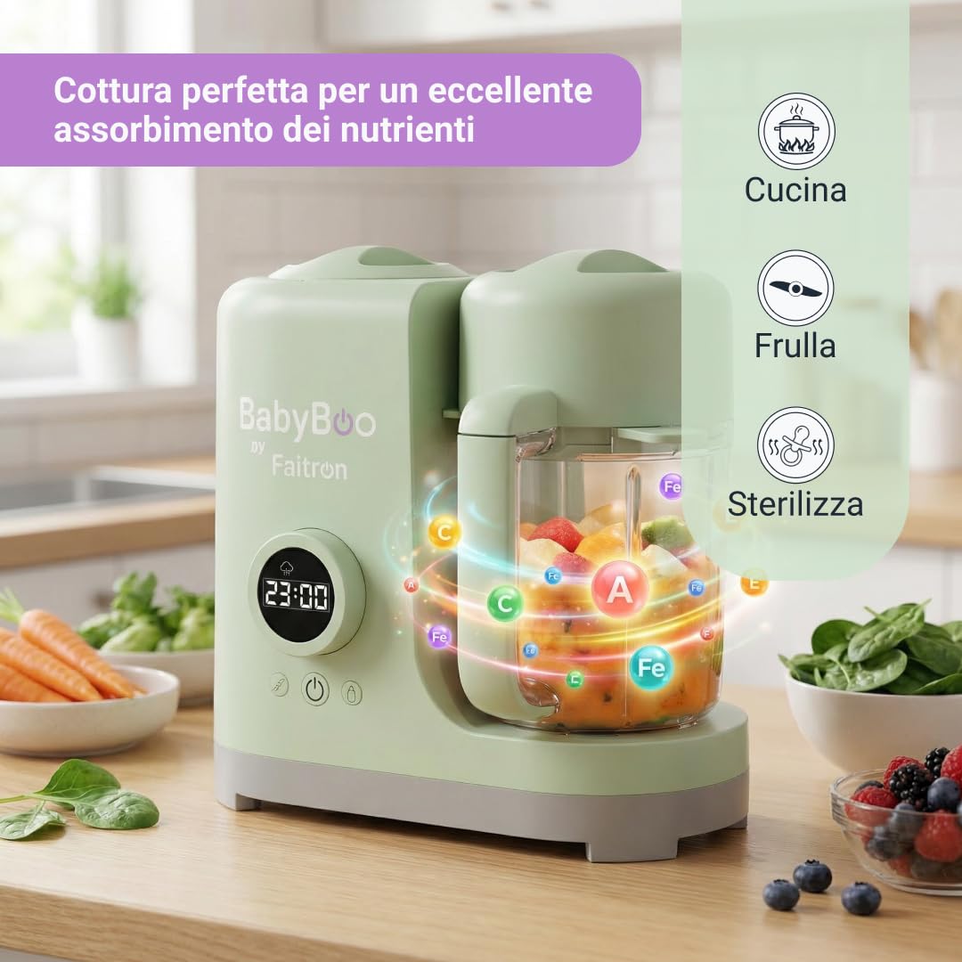 BABYBOO Robot Pappa 7-in-1 Cuoci a Vapore e Frulla 20 Minuti 300W Scaldabiberon Sterilizzatore Tritan Acciaio Inox Display Digitale