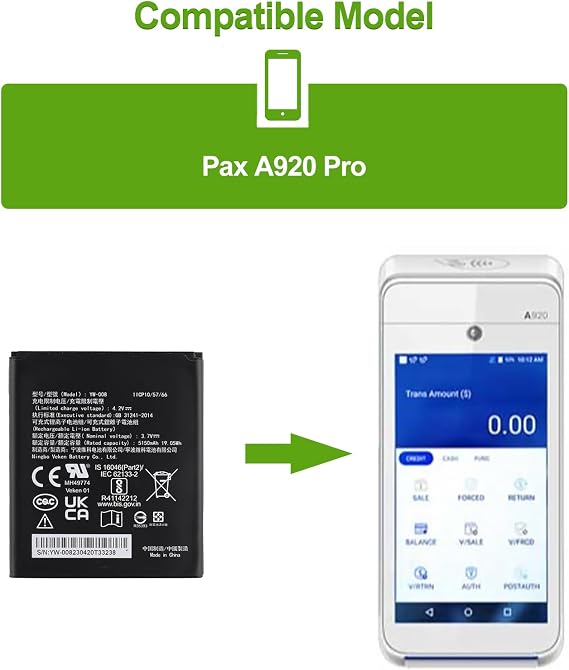 Rechargeable 0 Cycle Replacement Battery YW-008 Compatible with VEKEN Pax A920 Pro with Tools