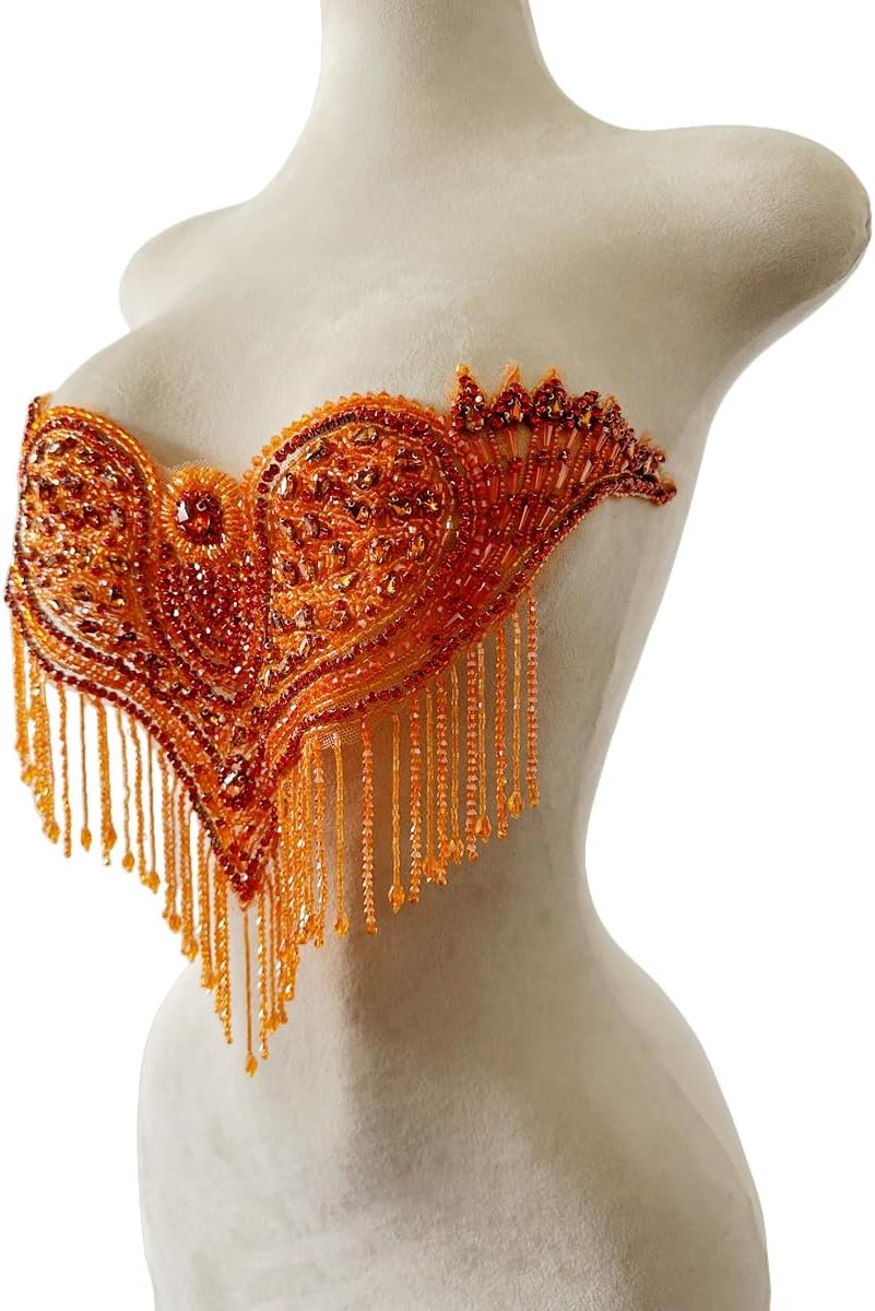 Unique Design Pure Handsewing Beads Applique sew on Rhinestones Crystal Tassel Patches Trimming for Wedding Party Evening Dress Accessories 18X12inches (Orange)