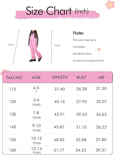 Miniatura 7 de Haloumoning Baberos de nieve para niñas, pantalones de esquí impermeables con aislamiento para snowboard, traje de nieve de 5 a 14 años