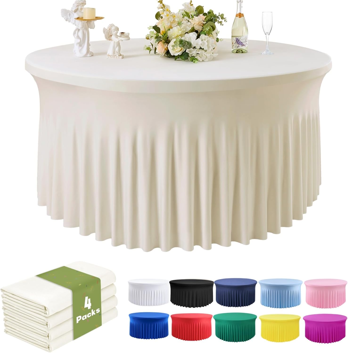 Outpain 4 Pack Spandex Ivory Round Tablecloths for 60in Tables, 120Inch Stretchy Fitted 5FT Round Table Clothes,Wrinkle Free Table Cover with Skirt for Wedding Party Dining Banquet Ivory 60inch(4Pack)