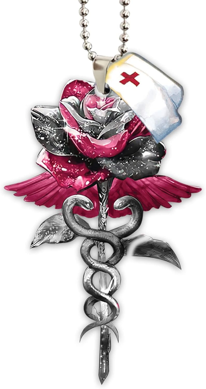 Talataca Pink Rose Flower Nurse Angel Wings Caduceus Rn CNA Gift 2D Flat Car Rear View Mirror Accessories Christmas Tree Ornament Decoration Hanging Charm Interior Rearview Pendant Decor Gift - Image 7