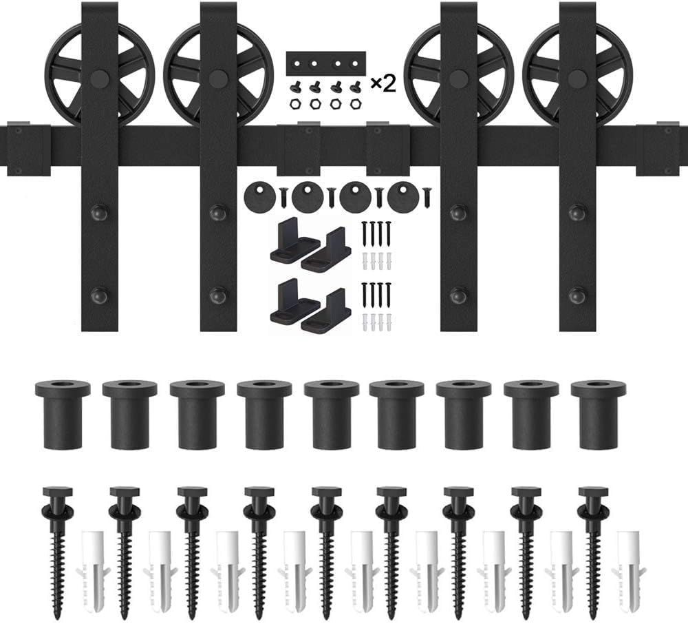 WINSOON 12FT Wood Double Sliding Barn Door Hardware Basic Black Big Spoke Wheel Roller Kit，5-18FT for Choose