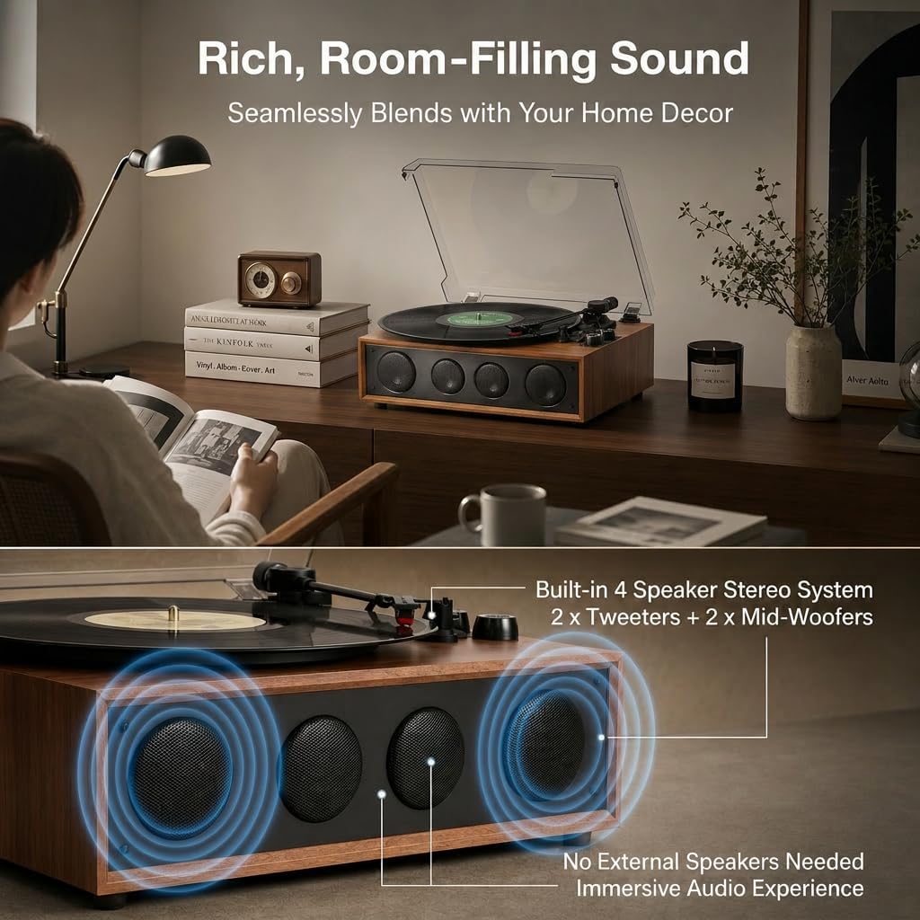 Vinyl Record Player Bluetooth Turntable, Built-in with 4 Speakers, Adjustable Counterweight, 3-Speed Belt-Driven Wireless Record Player with LED Light Knobs, RCA Out, AUX-in, Brown Wood