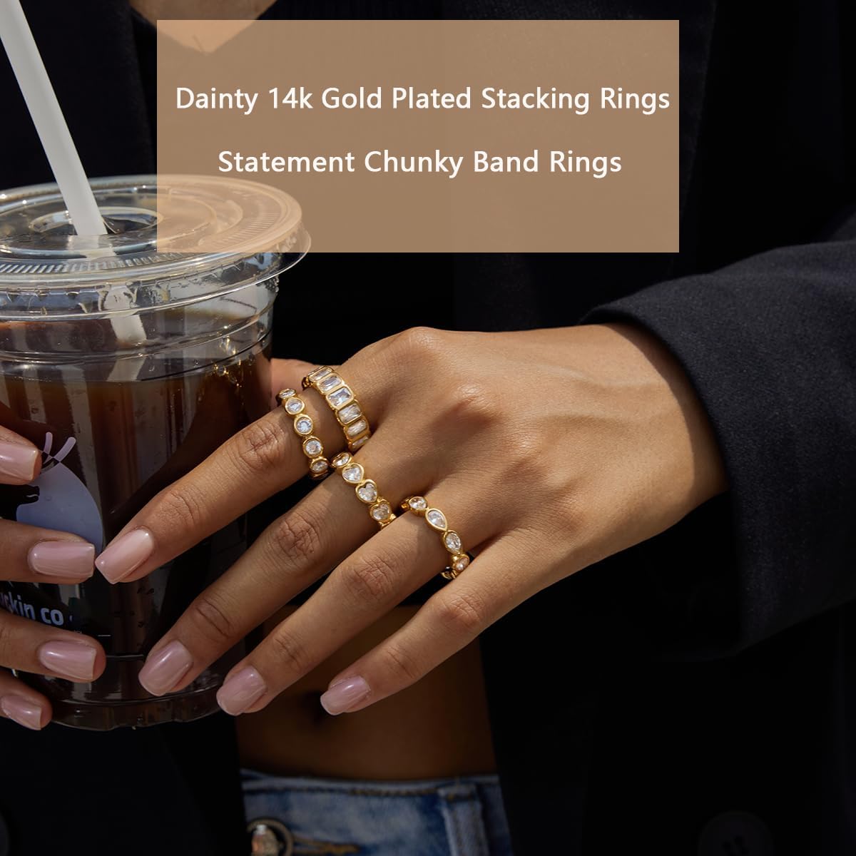 NUZON 4PCS Gold Cubic Zirconia Rings Set for Women Sparkly 14K Gold Plated Stainless Steel Stackable Ring Non-Tarnish Statement/Love/Eternity/Promise Band Jewelry for Engagement Wedding Finger 6-10 - Image 6