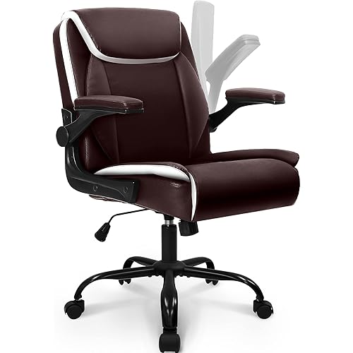 NEO CHAIR Office Chair Adjustable Desk Chair Mid Back Executive Comfortable PU Leather Ergonomic Gaming Back Support Home Computer with Flip-up Armrest Swivel Wheels (Brown)