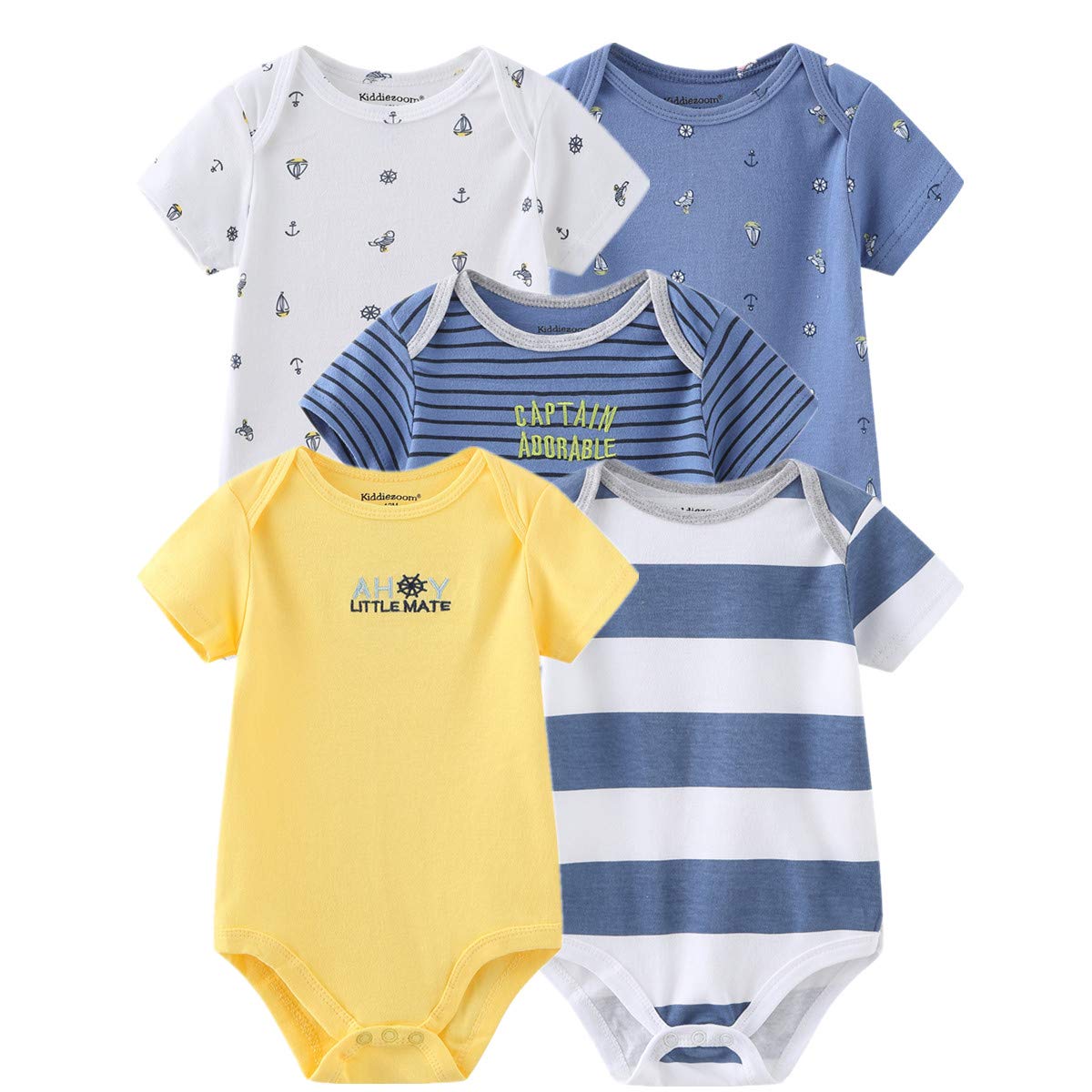 Kiddiezoom Unisex Newborn Baby Short-Sleeve Bodysuit, 5-Pack, Multi-colored (Stripes, Prints), 0-3 Months