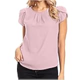 Women Summer Dressy Blouses Pleated Petal Cap Short Sleeve Shirts Elegant Casual Loose Fit Tunic Blouse Business Tees