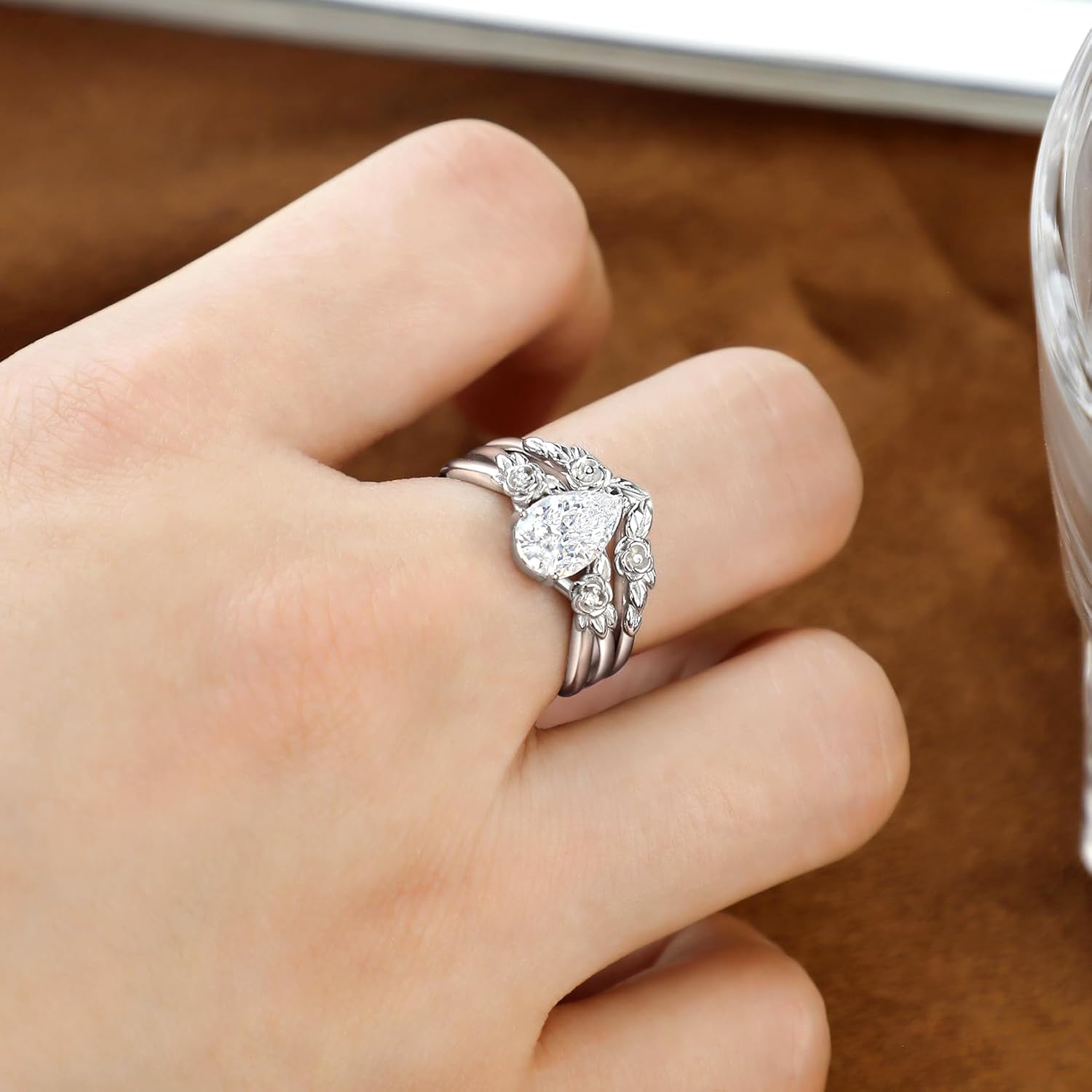 1.5ct Pear Moissanite Double Ring for Women Gift - 6x9MM Rectangle Laboratory Diamonds S925 Silver Bands Jewelry