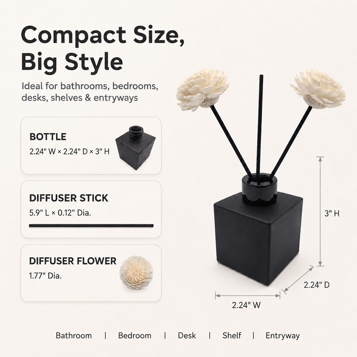 2 Pack Matte Black Diffuser Bottles Set with Metal Lids, 4 White Diffuser Flowers, 10 Black Fiber Sticks, Empty Reed Diffuser Bottles for Essential Oils, Home Bathroom Bedroom Living Room Decor