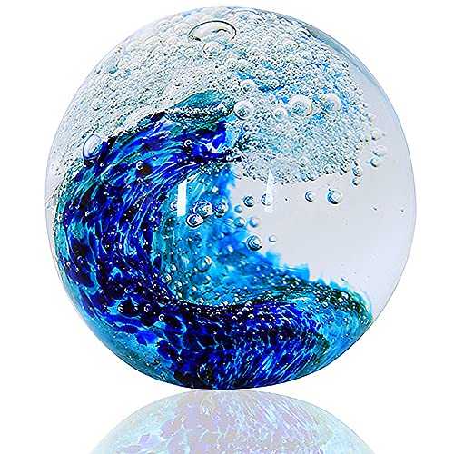 Figurines en verre soufflé à la main en forme de boule, vagues de l'océan, presse-papier pour bureau, décoration d'intérieur, décoration d'aquarium, décoration de bureau pour amateurs de l'océan