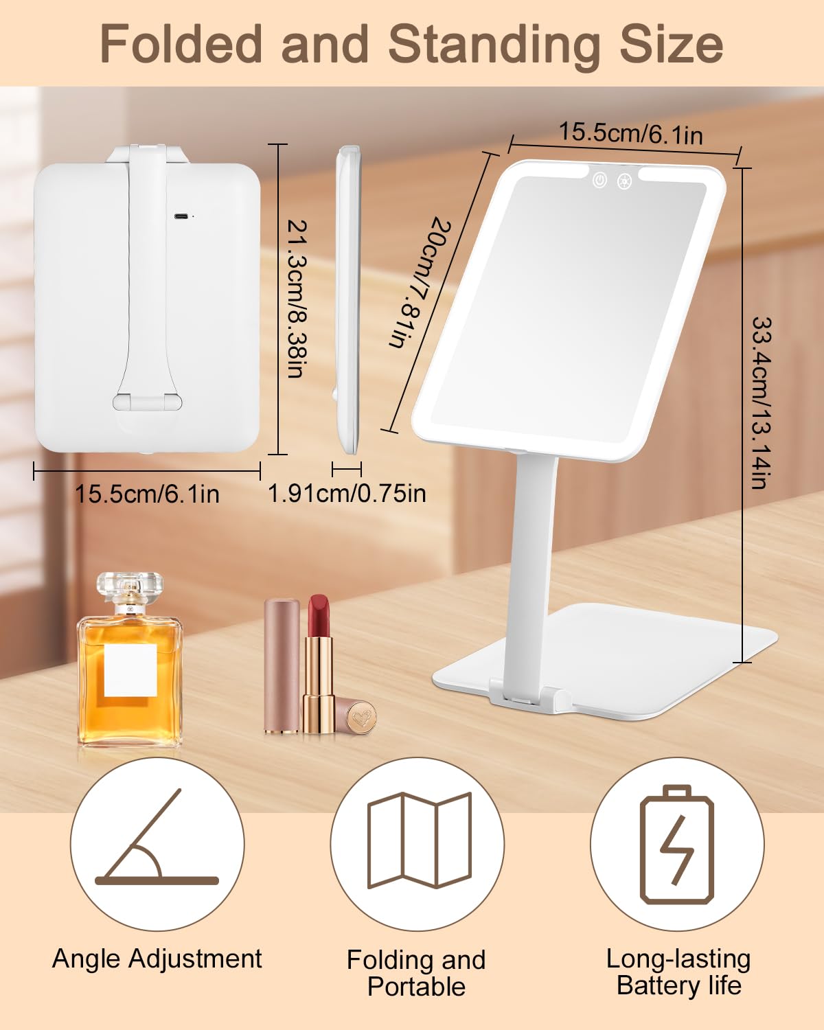 Miroir Maquillage LED Rechargeable 2000mAh - 3 Couleurs Lumière - Grossissant 10X Miroir Beauté éclairage Réglable