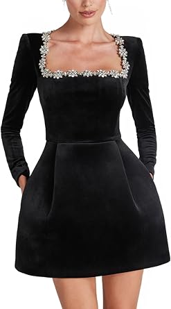 Melliflo Womens Velvet Mini Dress Elegant Square Neck with Rhinestone Stitching Long Sleeve Slim A-Line Dress with Pockets