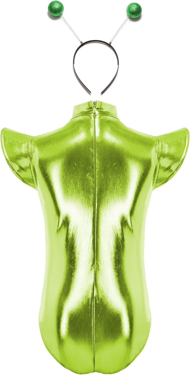 Girls Alien Space Costume Dress with Hair Hoop Set Fly Sleeve Glossy Metallic Leotard for Halloween