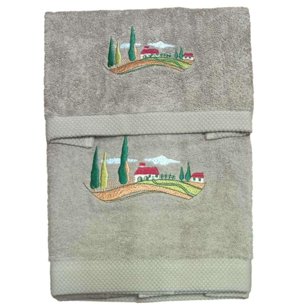 RICAMI FIORENTINI BALDI Juego de 5 Toallas Bordadas Baño Bordado Paisaje Toscano Algodón 100% 420gr/m2 5 Piezas 2 para Cara 2 para Bidé 1 Toalla Ducha Idea Regalo (Toscana, Tórtola)