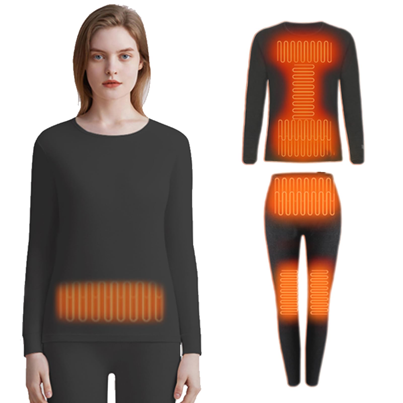Mens Womens Electric Heated Thermal Underwear Set, Lightweight Thermal Top & Bottom Set for Hiking Camping,M,Women Black