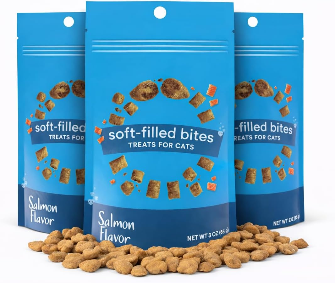 Salmon Cat Treats Crunchy Soft Filled Bites - Healthy Training Treats Indoor Cats Kittens Senior - Low Calorie Cat Snacks Food Topper No Artificial Flavors Wheat Soy Free All Breeds Made in USA 9 oz