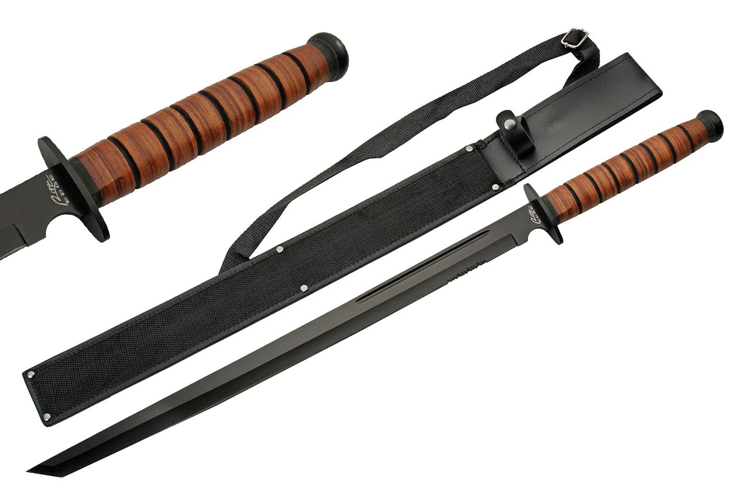 SZCO 27.5 Inch Sword with Sheath – Stainless Steel Black Blade, Full Tang Combat Style Sword, Leather Wrapped Handle, Heavy Duty Outdoor Sword with Nylon Carrying Case