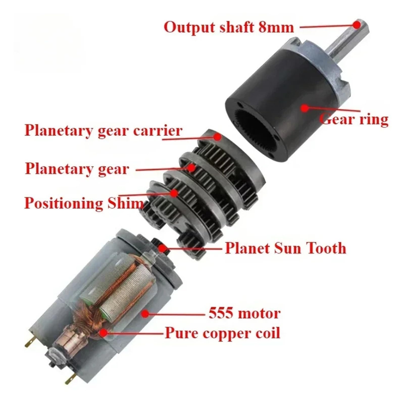 Silnik z przekładnią planetarną DC 36 mm 12 V 24 V średnica wału 8 mm 36-555 regulowana prędkość obrotowa w kierunku zgodnym z ruchem wskazówek zegara / przeciwnie do ruchu wskazówek zegara (300 obr