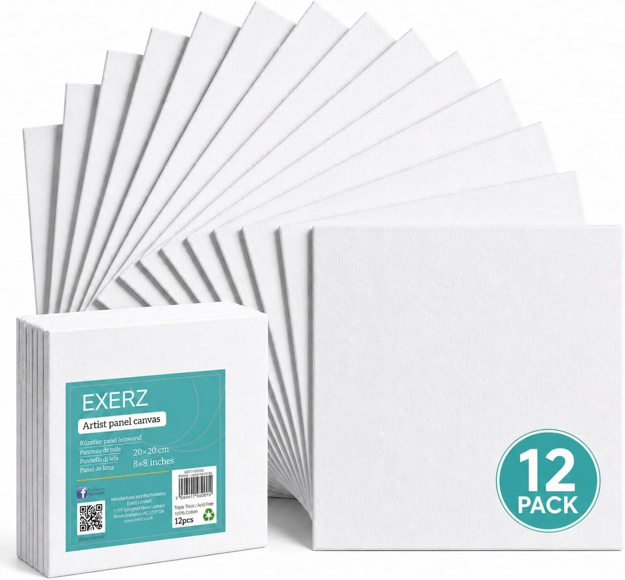 Exerz Canvas Panels 20x20cm, 12 Pack Blank Cotton Canvas Boards, Triple Primed Acid-Free Canvases for Acrylic & Oil Painting