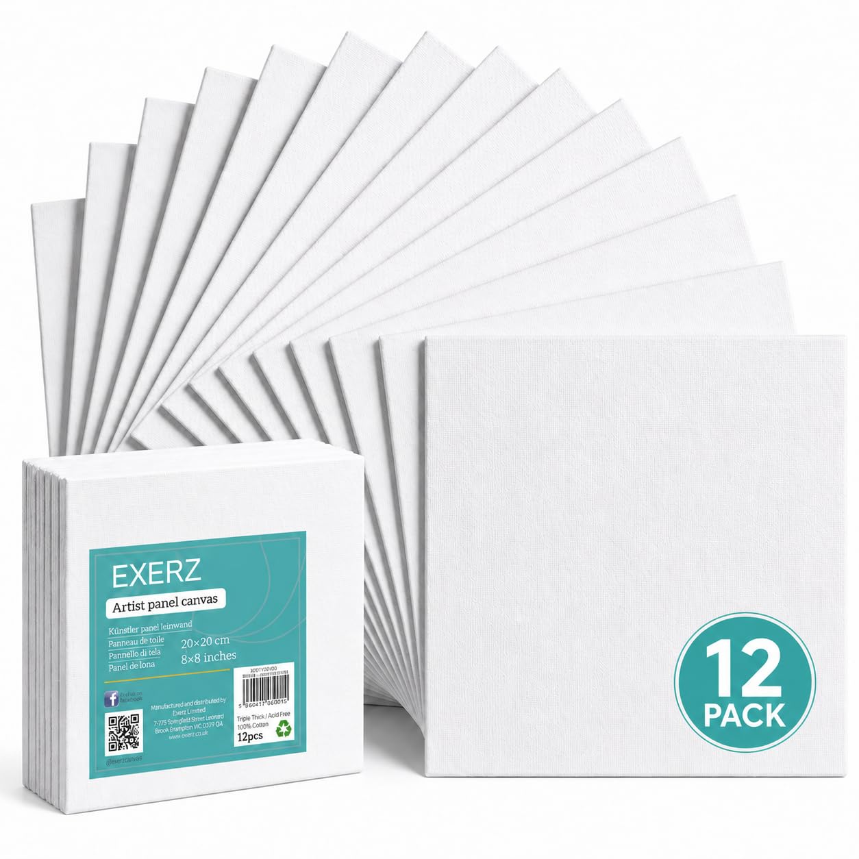 Exerz Canvas Panels 20x20cm, 12 Pack Blank Cotton Canvas Boards, Triple Primed Acid-Free Canvases for Acrylic & Oil Painting